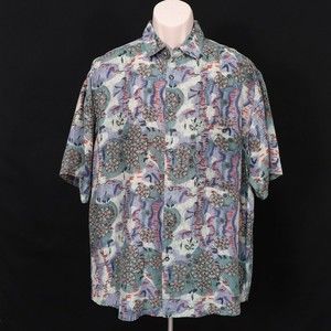 High Advantage Men's 100% Silk Shirt L Large Free The Spirit Geometric Blue Gray
